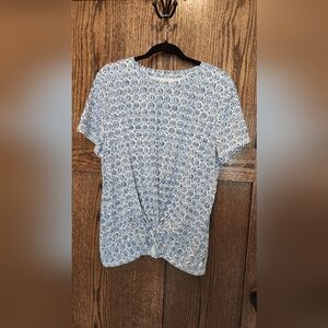 Talbots White and Blue Floral Knot-Front Short Sleeve Top